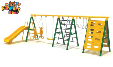 Combination of slides, climbing frames, and swings - Funfort Bear