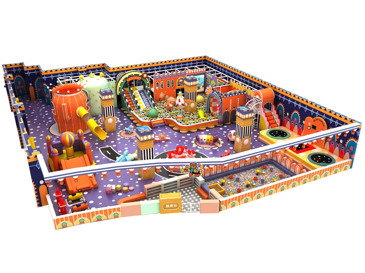 Vibrant indoor playground with retro - carnival vibes: slides, mini - cars, polka - dot floors, and colorful play zones.