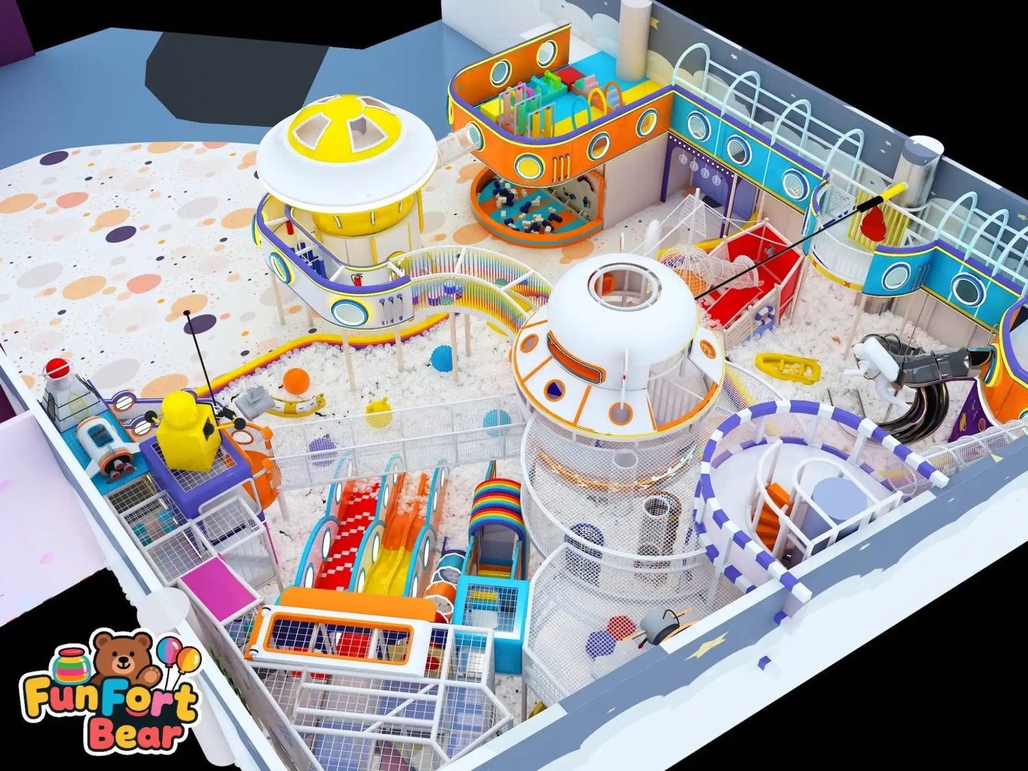 Cosmic-themed indoor playground with rainbow slides, ball pits, and space-inspired structures.
